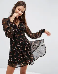 Vestido de chiffon estampado floral preto, manga comprida para mulheres, verão, 2021