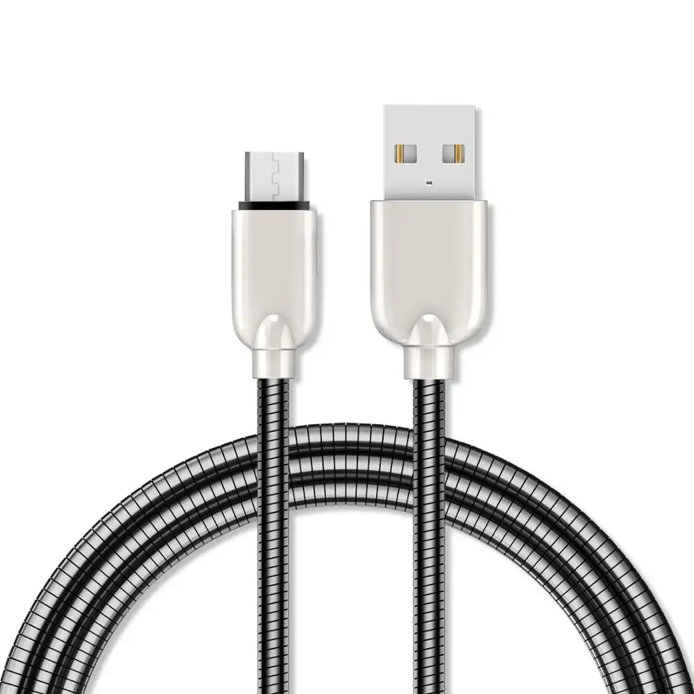 Wholesale Fleksibel Musim Semi Logam Kepang Android Kabel Data Micro USB Zinc Alloy Fast Charge Tipe C Ponsel Pengisian Kabel
