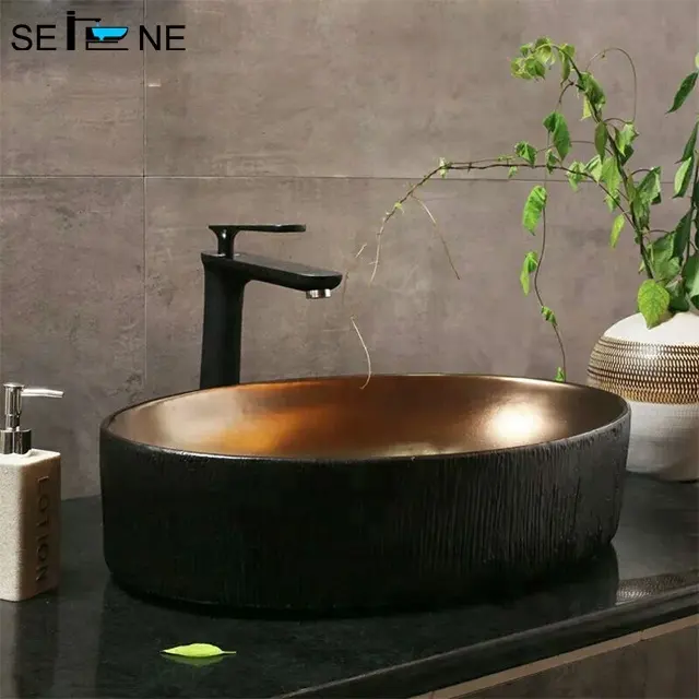 Lavabo de color metálico con forma de recipiente, lavabo de bronce ovalado