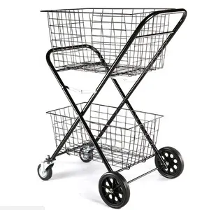 Chariot de poussée en acier inoxydable Double panier pliable chariot de supermarché de transport