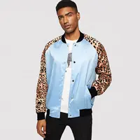 Jaqueta bomber de cetim manga raglan masculina, estampa de leopardo personalizada