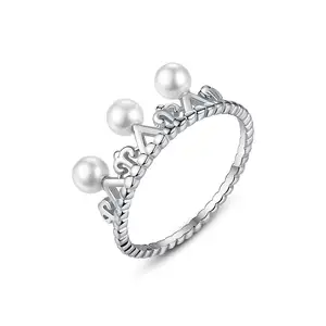 CZCITY 925 Sterling Silver Imitation Round White Pearl Ring for Girls Cute Korean Rings Jewelry