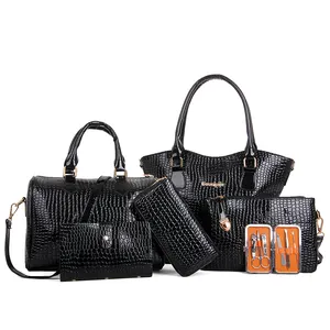Luxury women handbag set 3pcs tote bag PU leather snake skin serpentine pattern shinning patent leather bag for women logo