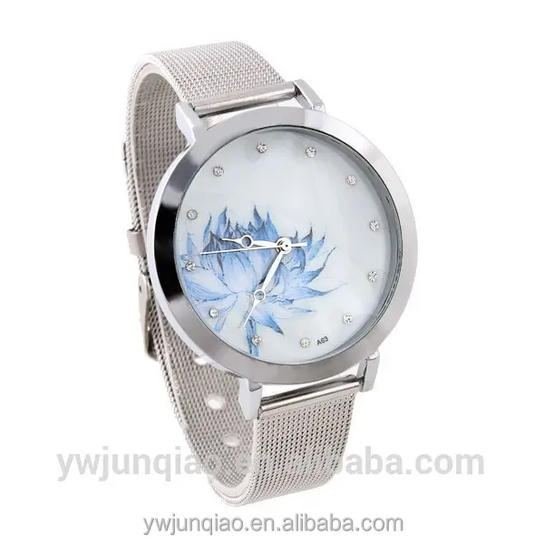 Diamante brilhante quartzo relógio de pulso, mostrador grande lotus flor relógio