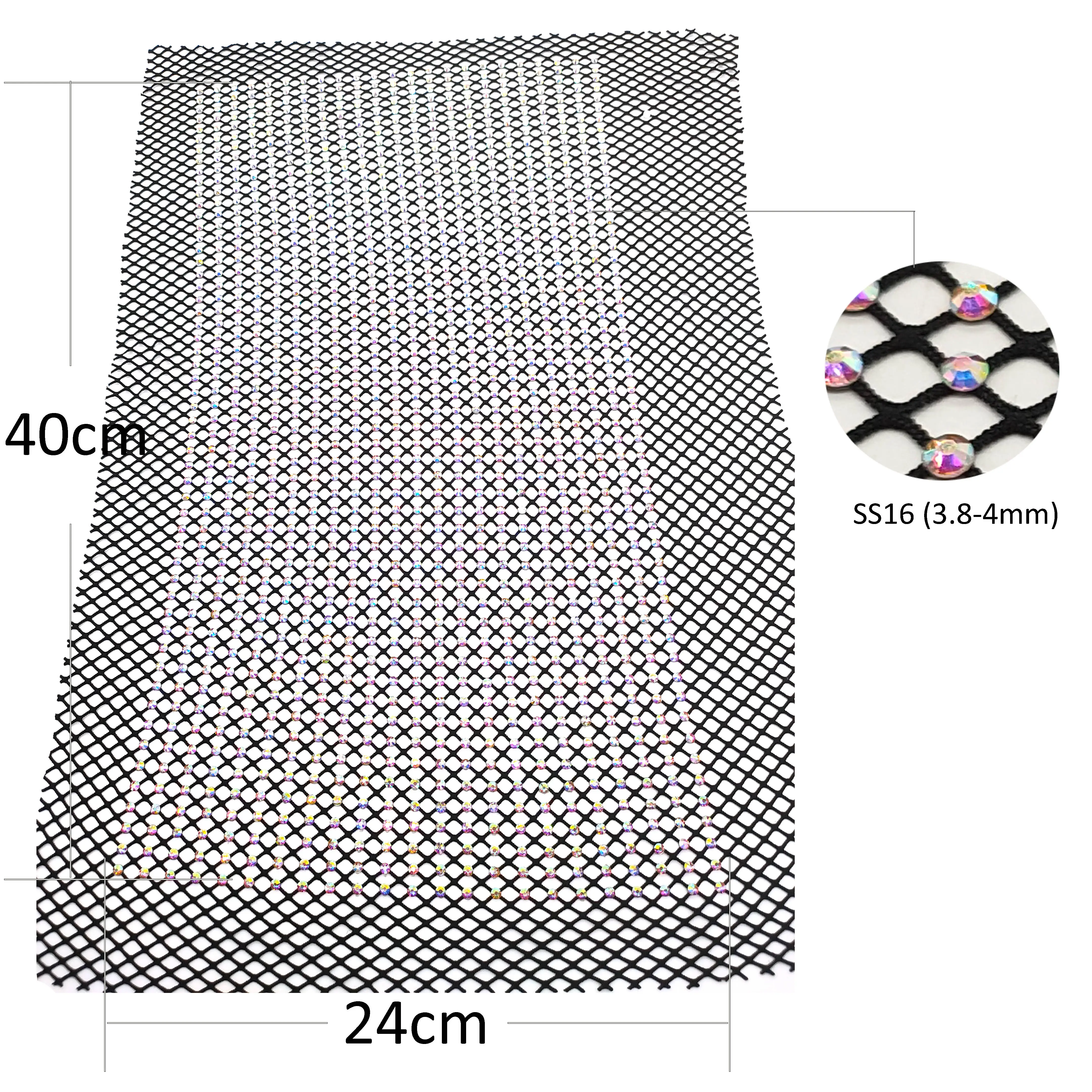 40x24 सेमी ब्लैक एबी राइनस्टोन ट्रिम फैब्रिक शीट स्ट्रेच इलास्टिक डायमांटे मेश सीव-ऑन स्ट्रास एप्लिक कपड़े, ड्रेस जूते के लिए