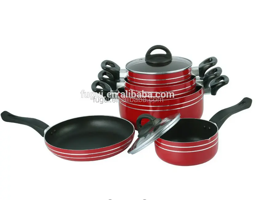 9Pcs Red Painting Aluminum Pressed Non Stick Cookware Set 2 Ears Non Stick Casserole+Sauce Pan+Fry Pan Sets