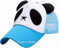 Venta al por mayor 5 paneles de algodón y malla parche bordado lindo joven oreja Panda Snapback sombrero gorra