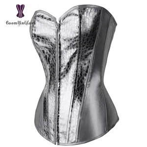 Front Zip Silver Bodice Sequin Faux Leather Corset Bustier Overbust Top For Dance Wearing