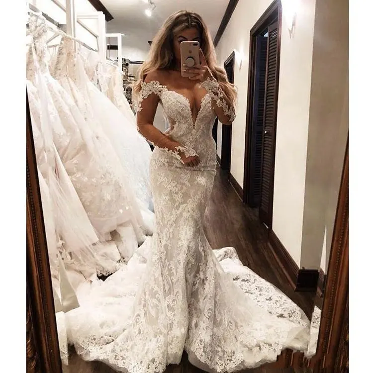 bodycon mermaid wedding dress Simple Deep V Neck Satin Waist Bodycon Mermaid Wedding Dress P2735 –  PreppyDress main image 1