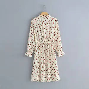 패션 프릴 넥 인쇄 긴 소매 좋은 품질 한국어 스타일 여성 봄 드레스