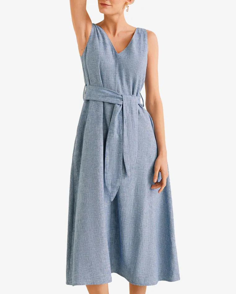 Vestido Midi sin mangas de mezcla de lino informal de verano para mujer