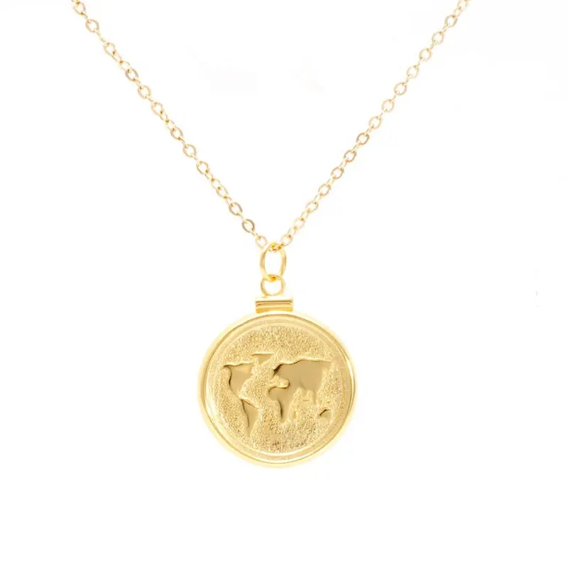 Gold Plated Collares Para Mujer Round Badge Roman Coin World Map Necklace Jewelry