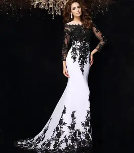 Newest Design Black Appliques Illusion Long Sleeve Mermaid Evening Dress WF091