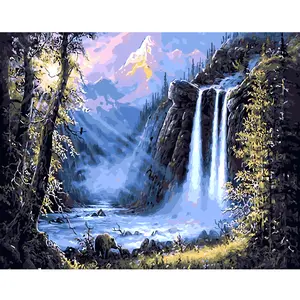 Handmade Oil Painting Waterfall And Bear In The Forest Paint By Number Picture Posters And Prints Home Decor