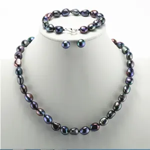 10-11mm AA Klasse natürliche echte Braut Süßwasser Barock Schmuck schwarze Perle Set