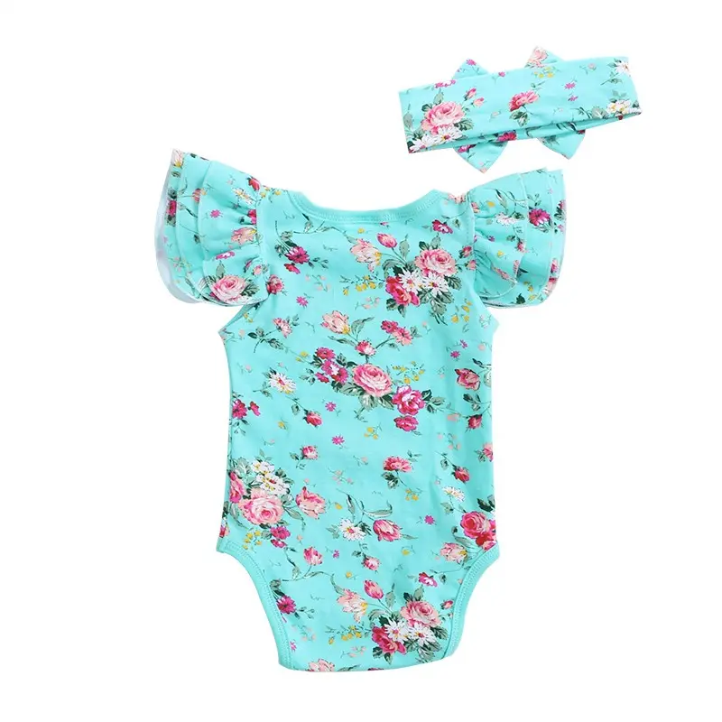 Boutique Baby Girls Clothes Fly Sleeve Blue Floral Printed Baby Girls Romper