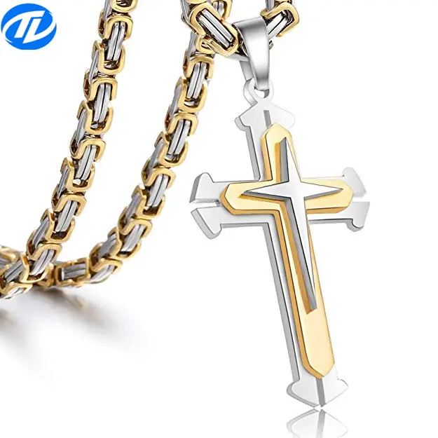 Poliert Edelstahl Gold Silber Kreuz Kruzifix Anhänger Halskette Kette Für Herren Jungen 5mm Byzantinischen Kette