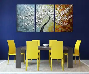 Pintura a óleo com 3 painéis de impressão 3d, pintura a óleo pintada à mão, pintura de flores grandes, sala de estar, pintura decorativa