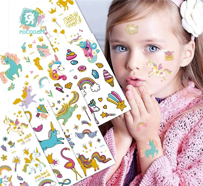 Nieuwe Aankomst Cartoon Kinderen Metallic Gold Body Tijdelijke Flash Tatoeages Met Eenhoorn Ontwerpen Voor Kinderen Glitter Tattoo