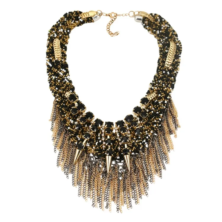 Wholesale Fancy Seed Beads Knitted Spike Charms Fashion Design Statement Women Jewelry Necklace With Gold Chain Tassels