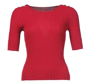 Indumento autunno inverno maglioni lavorati a maglia maglione lavorato a maglia da donna Pullover rosso semplice mezza manica scollo a barchetta maglieria