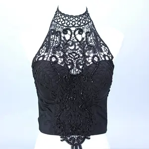 Wholesale Latest Cotton Tops Designs Black Floral Flower Girls Bustier Corset Crochet Lace Fitness Crop Top