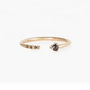 Gemnel 14k banhado a ouro vermeil jóias delicadas 0.1 microns manguito anel de dedo com pedra preta