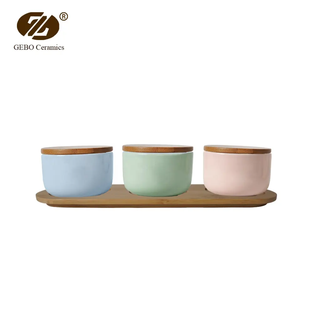Toptan 3 Set küçük porselen taze mühür kase bambu kapaklı renk sır seramik servis kasesi setleri