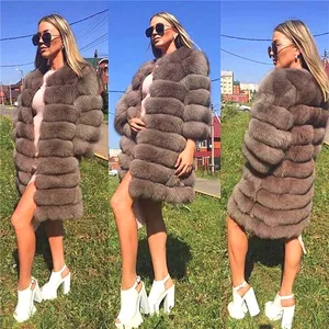 Jaqueta de pele artificial de raposa, casaco feminino longo com pele falsa personalizada