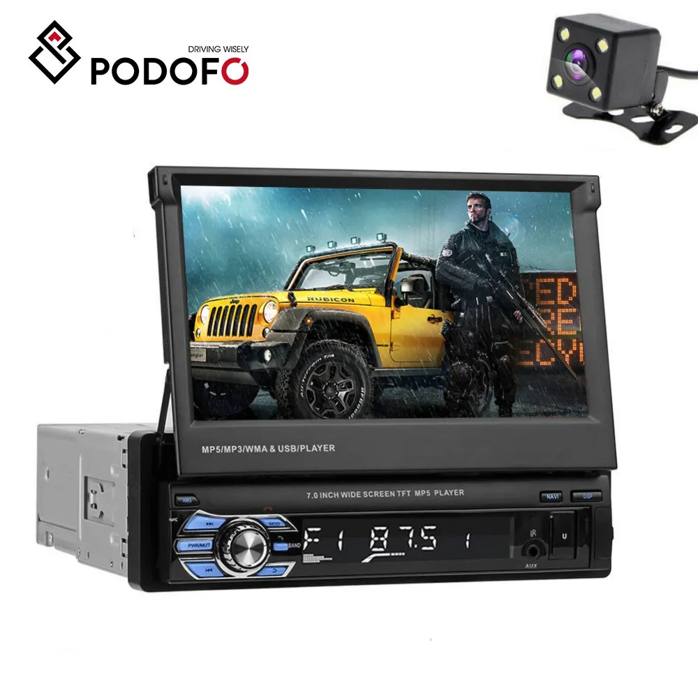 Podofo Autoradio 1 Din 7 "Hd Afneembare Touch Screen Single Din Auto Stereo Autoradio Ondersteuning Fm Usb Aux sd MP5 + Achteruitrijcamera