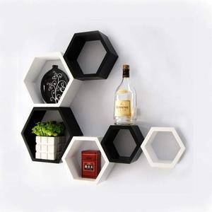 6 قطعة جبل السداسي الشكل MDF رف جدار ، أبيض وأسود - Product Image 2
