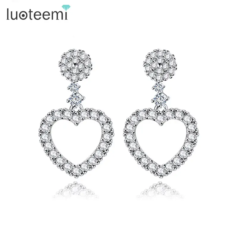 LUOTEEMI Wholesale Women Christmas Gift Classic Romantic Clear CZ Crystal Heart Pendant Earrings