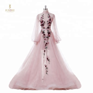 Precioso cuello alto mangas largas abullonadas <span class=keywords><strong>una</strong></span> línea punto tul Rosa vestidos de fiesta de noche con flores hechas a mano de colores - Product Image 2