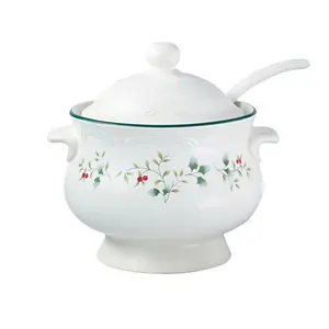 Simple Flower Printed Ceramic Soup Tureen with Ladle Wholesale