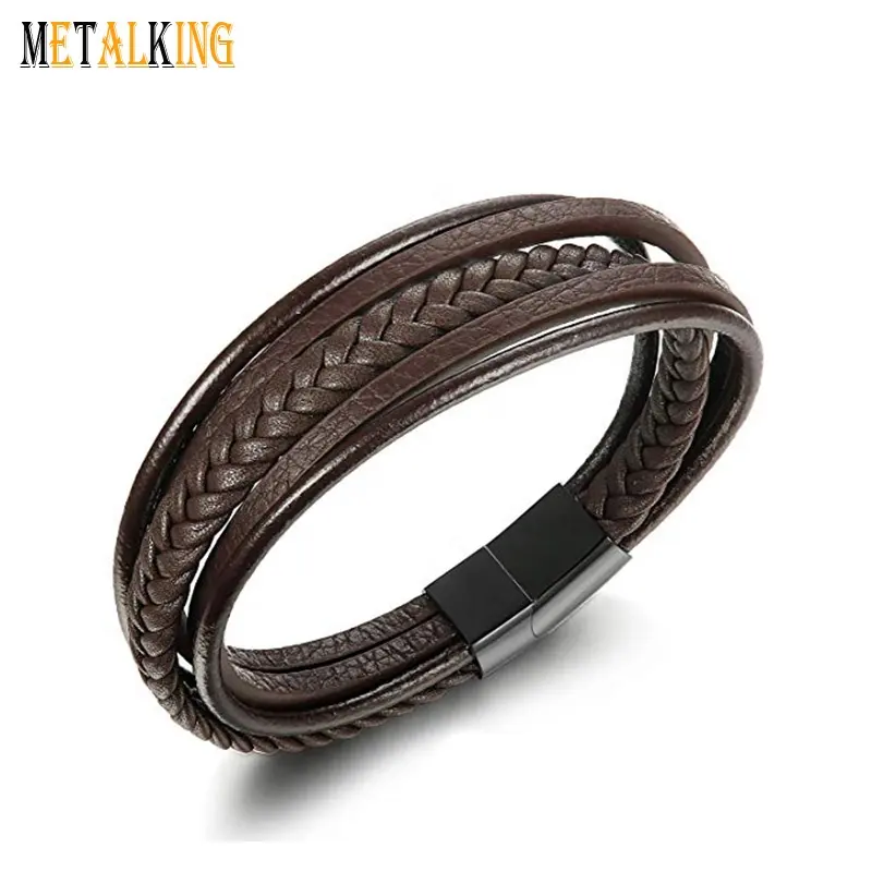 Mens Bracelets Brown leather Bracelets Black Stainless Steel Magnetic Buckle Clasp Men Wristband Fashion Accessories