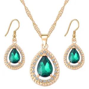 Big Glass Stone Crystal Inlay Hollow Rope Texture Teardrop Shaped Pendant Necklace Earring Set Gold Plated Jewelry For Women