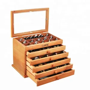 Luxury small cute 3 layers wooden jewelry case with glass top