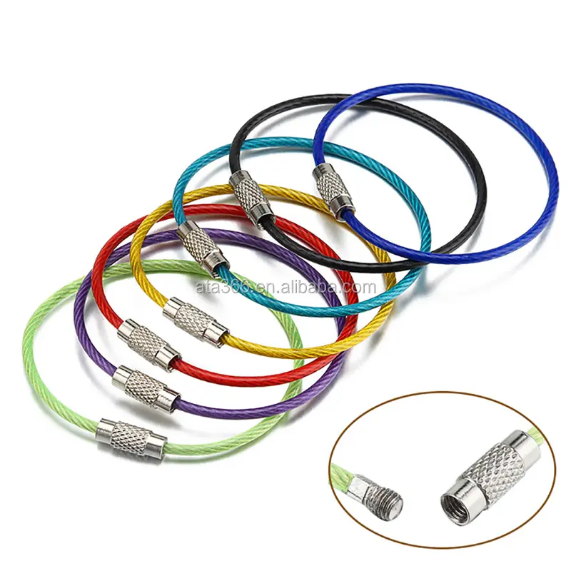 Cable de bloqueo de tornillo, cuerda de alambre de acero, llaveros coloridos, anillo dividido, gancho para llavero, soporte Fob con gomas