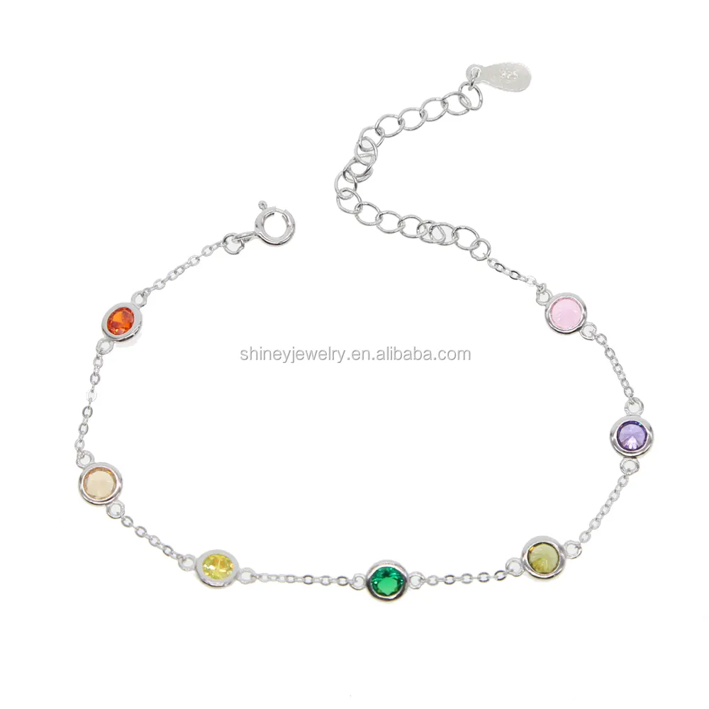 Jaminan 100% 925 Sterling Silver Bezel Berwarna Cz Multicolor Pelangi Cz Stasiun Gelang Perak