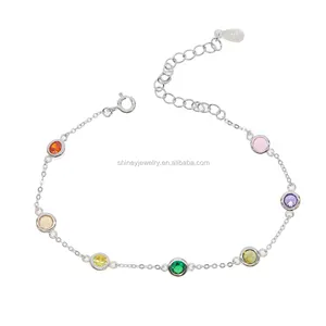 100% guarantee 925 sterling silver colored bezel cz multicolor rainbow cz station silver bracelet