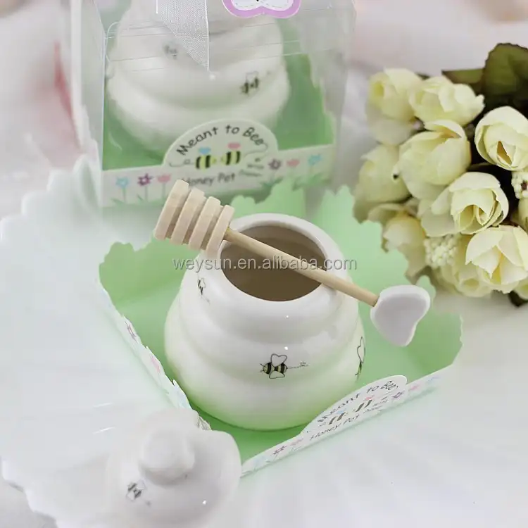 "Meant to Bee" Ceramic Honey Pot + heart honey stirrer wedding souvenir and baby shower keepsake Porcelain Honey Jar