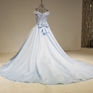 LS64111 fuera del hombro apliques elegantes vestidos con cinturón de encaje hasta satén azul claro prom vestidos de noche 2017 - Product Image 4