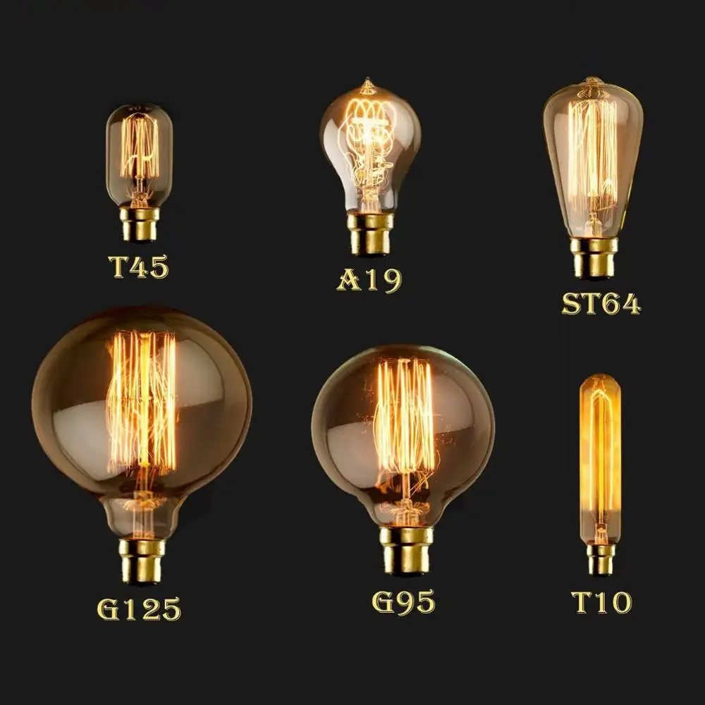 Cina Pemasok B22 Bayonet Retro Vintage Edison Lampu Bulb A19 A60 ST64 T10 T45 G80 G95 G125 Filamen Karbon Bohlam