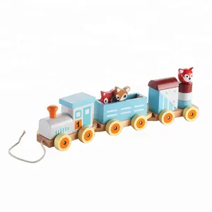 baby carriage pull wooden train toy with stacking blocks