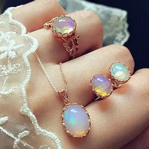 Fashion Faux White Opal Ring Earrings and Neckalce set