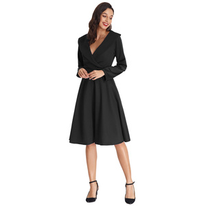 BP000402 Belle Poque retrò Vintage <span class=keywords><strong>nero</strong></span> manica lunga bavero con colletto a V svasato a trapezio abiti tinta unita - Product Image 2