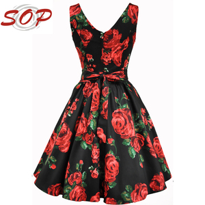 Robe de style années 1950 pour femme, rouge, à fleurs, longueur thé, style <span class=keywords><strong>Audrey</strong></span> Hepburn - Product Image 2