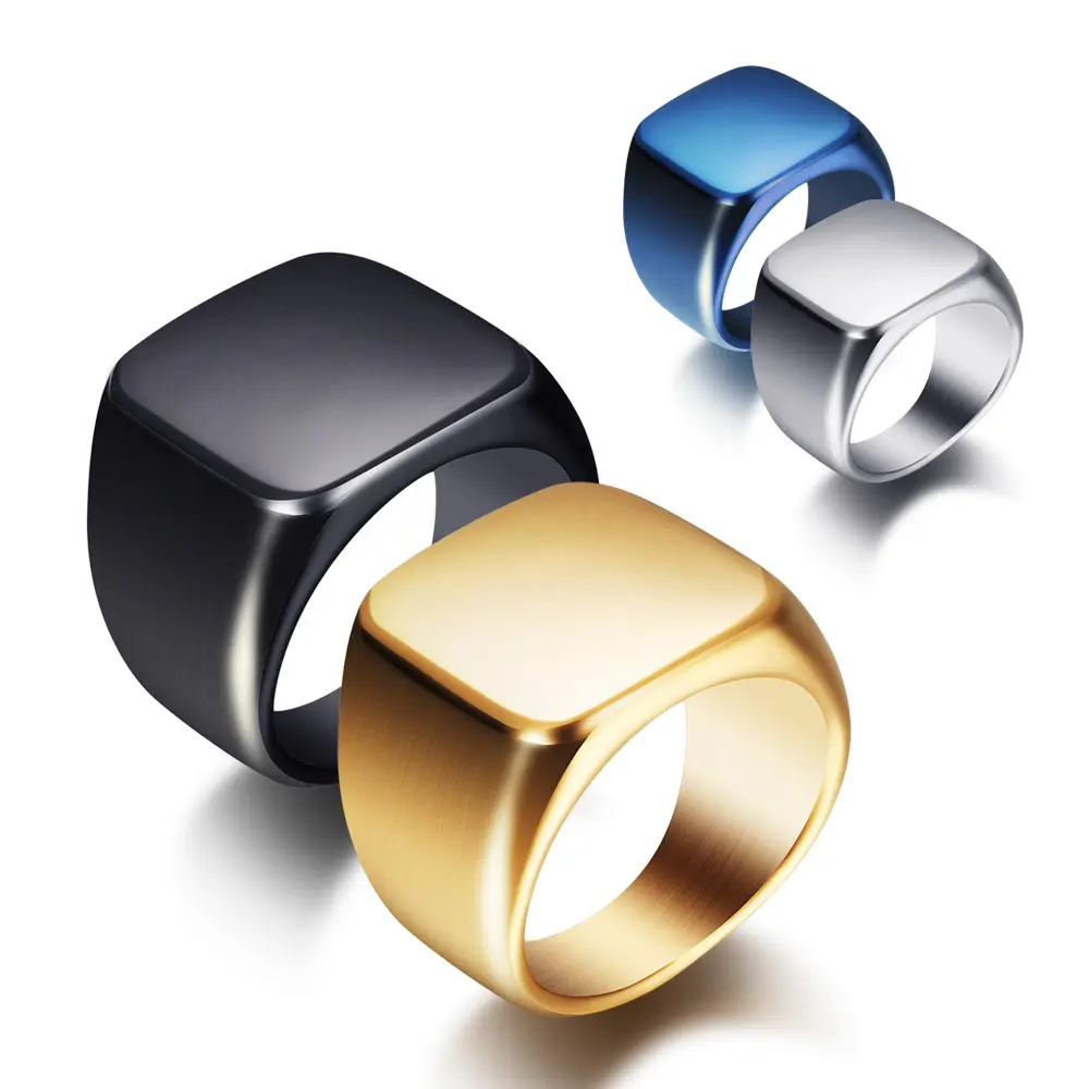 Wholesale Cheap Anniversary Gold Silver Black Blue Blank Mens Stainless Steel Square Blank Signet Finger Band Ring Jewelry