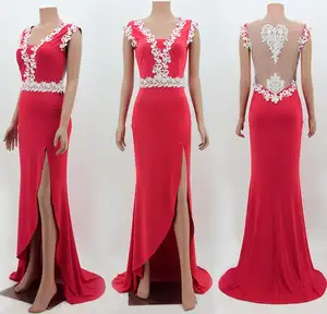 M626 D.Y fashion elegant v-neck sleeveless backless lace perspective jag red long party dress