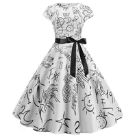 Frauen Sommerkleid 50er Jahre Vintage Casual Floral gedruckt O-Ausschnitt Retro Kurzarm Kleid Coldker